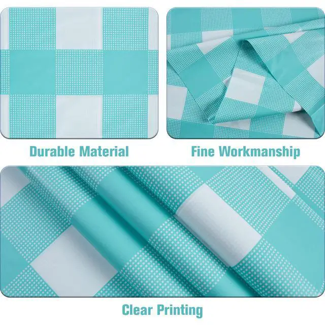 Alt view image 2 of 7 - Blue Gingham Tablecloth Picnic Party Checkered Table Cover 3 Packs | 54 x 108 Inches Aqua Plastic Table Cloth,Waterproof Rectangle, Disposable Aqua and White Camping Birthday Party Table Covers