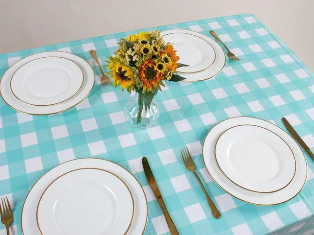 Alt view image 6 of 7 - Blue Gingham Tablecloth Picnic Party Checkered Table Cover 3 Packs | 54 x 108 Inches Aqua Plastic Table Cloth,Waterproof Rectangle, Disposable Aqua and White Camping Birthday Party Table Covers