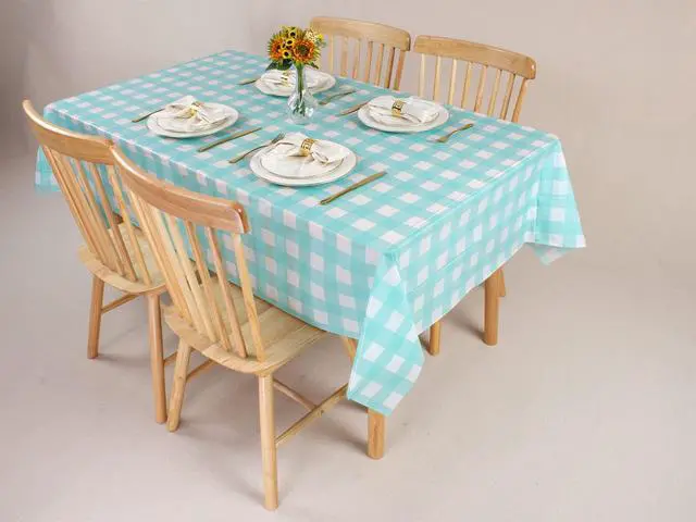 Alt view image 4 of 7 - Blue Gingham Tablecloth Picnic Party Checkered Table Cover 3 Packs | 54 x 108 Inches Aqua Plastic Table Cloth,Waterproof Rectangle, Disposable Aqua and White Camping Birthday Party Table Covers