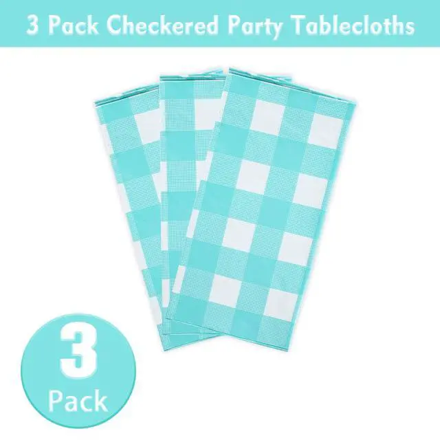Alt view image 5 of 7 - Blue Gingham Tablecloth Picnic Party Checkered Table Cover 3 Packs | 54 x 108 Inches Aqua Plastic Table Cloth,Waterproof Rectangle, Disposable Aqua and White Camping Birthday Party Table Covers