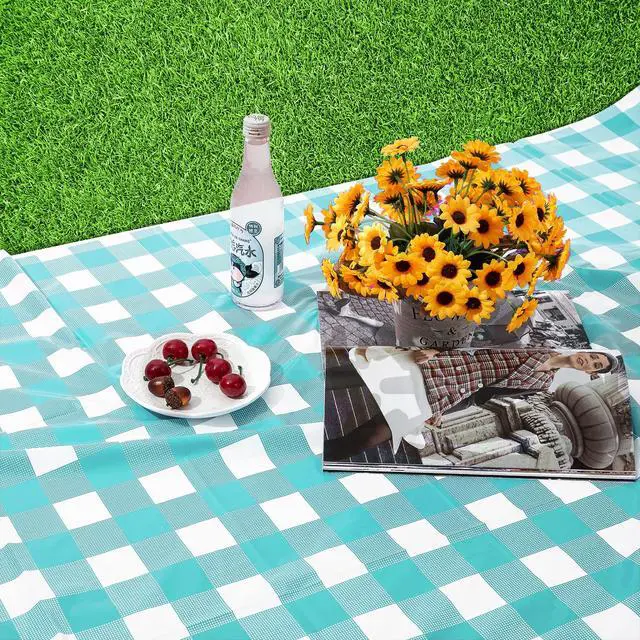 Alt view image 7 of 7 - Blue Gingham Tablecloth Picnic Party Checkered Table Cover 3 Packs | 54 x 108 Inches Aqua Plastic Table Cloth,Waterproof Rectangle, Disposable Aqua and White Camping Birthday Party Table Covers