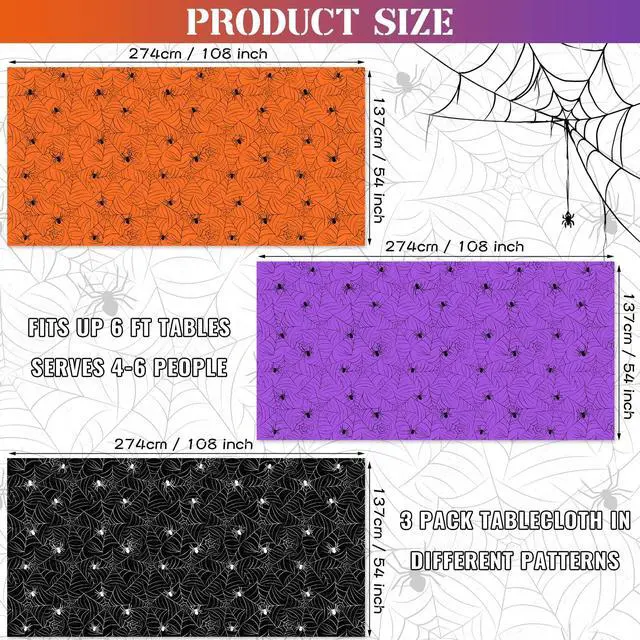 Alt view image 2 of 6 - 3 Pack Halloween Tablecloth Rectangular Table Halloween Party Decorations | 54" x 108" Waterproof Disposable Plastic Tablecloths, Spider Web Pattern Table Cover for Halloween Party Decorations