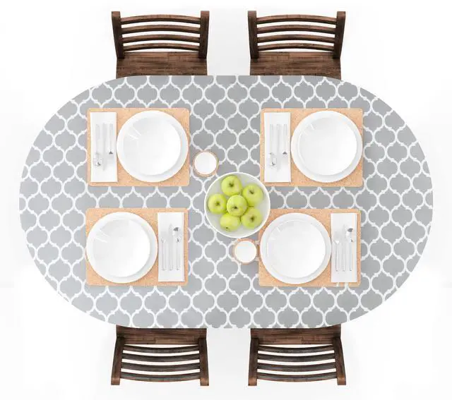 Main image of Oval Fitted Vinyl Tablecloth with Elastic Edged & Flannel Backing, Waterproof Wipeable Oval Table Cover - Fits Tables up to 42"X68" (Gray Moroccan)