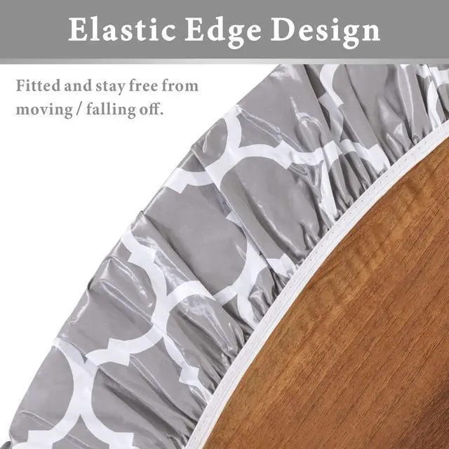 Alt view image 2 of 6 - Oval Fitted Vinyl Tablecloth with Elastic Edged & Flannel Backing, Waterproof Wipeable Oval Table Cover - Fits Tables up to 42"X68" (Gray Moroccan)