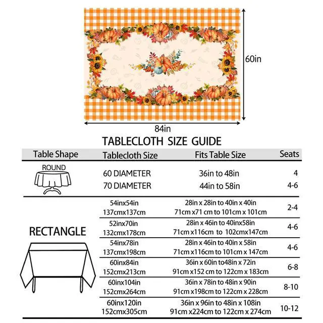 Alt view image 2 of 7 - Fall Tablecloth 60 x 84 Inches, Plaid Fall Table Cloth Rectangle | Orange Tablecloth, Autumn Pumpkin, Decor for Home Kitchen Dining