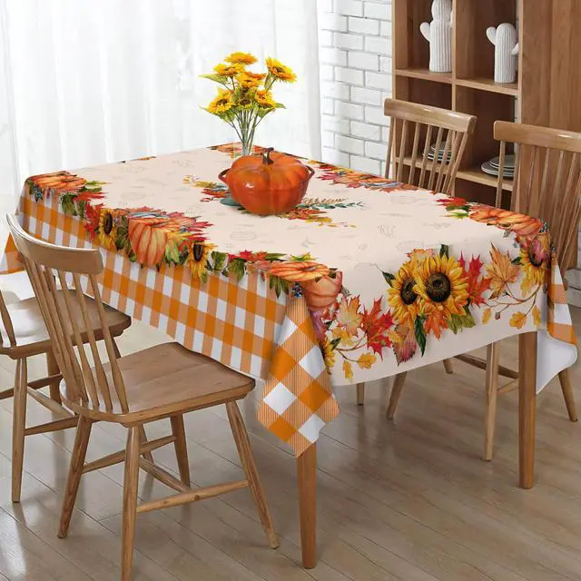 Alt view image 4 of 7 - Fall Tablecloth 60 x 84 Inches, Plaid Fall Table Cloth Rectangle | Orange Tablecloth, Autumn Pumpkin, Decor for Home Kitchen Dining