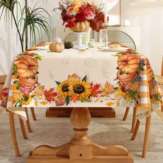 Alt view image 5 of 7 - Fall Tablecloth 60 x 84 Inches, Plaid Fall Table Cloth Rectangle | Orange Tablecloth, Autumn Pumpkin, Decor for Home Kitchen Dining