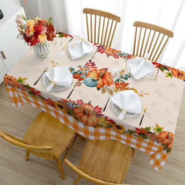 Alt view image 6 of 7 - Fall Tablecloth 60 x 84 Inches, Plaid Fall Table Cloth Rectangle | Orange Tablecloth, Autumn Pumpkin, Decor for Home Kitchen Dining