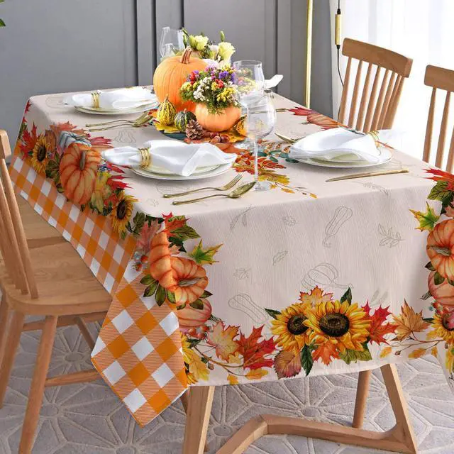 Alt view image 7 of 7 - Fall Tablecloth 60 x 84 Inches, Plaid Fall Table Cloth Rectangle | Orange Tablecloth, Autumn Pumpkin, Decor for Home Kitchen Dining