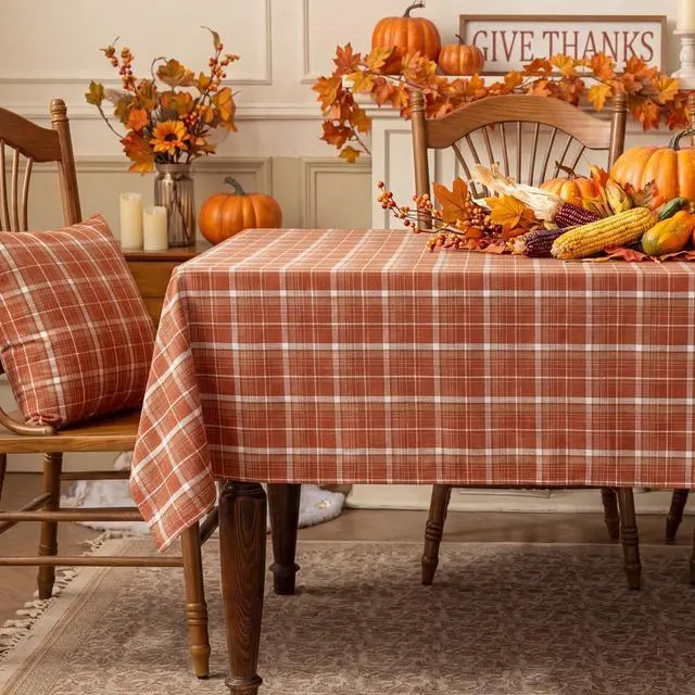 Main image of Fall Checkered Tablecloth Rectangle, Orange, 54 x 80 Inch | Thanksgiving Linen Cotton Gingham Flannel Table Cloth, Autumn Farmhouse Plaid Table Cover for Dining Party Holiday Decor