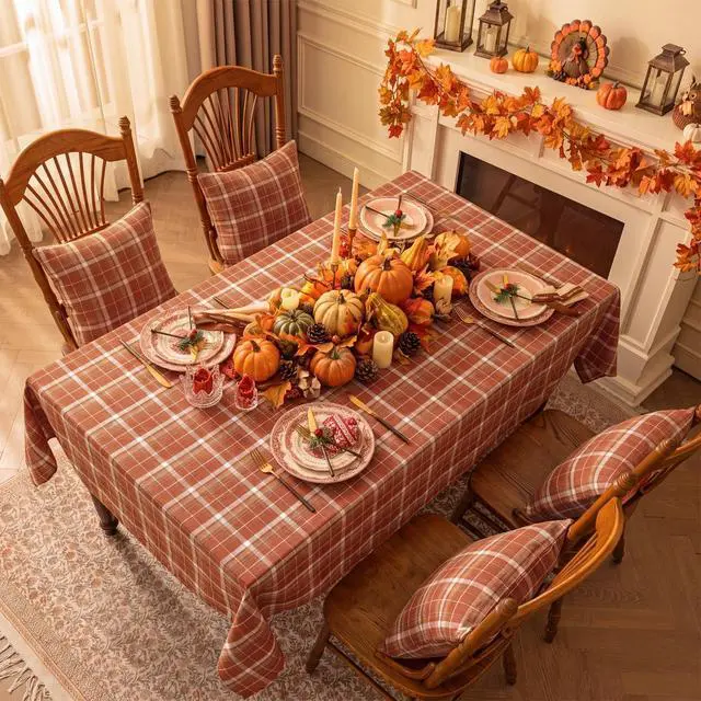Alt view image 2 of 7 - Fall Checkered Tablecloth Rectangle, Orange, 54 x 80 Inch | Thanksgiving Linen Cotton Gingham Flannel Table Cloth, Autumn Farmhouse Plaid Table Cover for Dining Party Holiday Decor