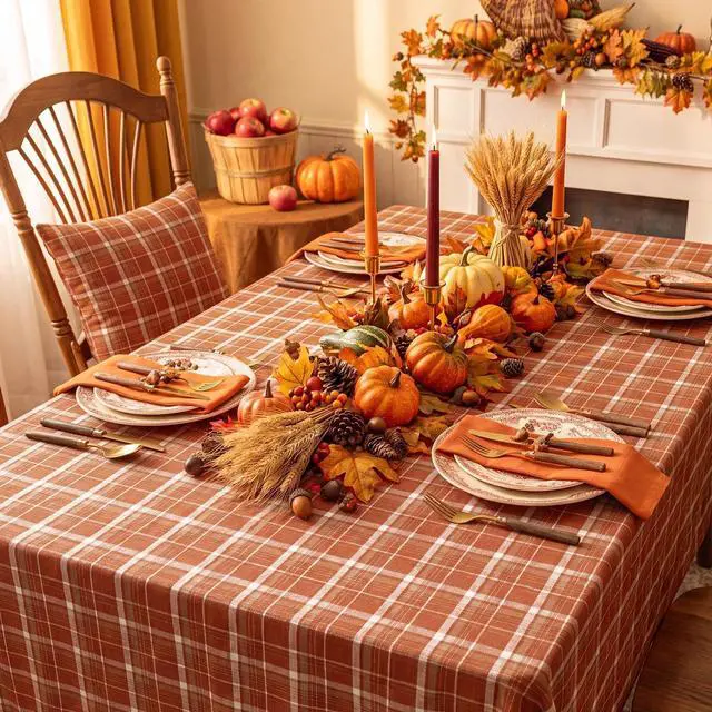 Alt view image 3 of 7 - Fall Checkered Tablecloth Rectangle, Orange, 54 x 80 Inch | Thanksgiving Linen Cotton Gingham Flannel Table Cloth, Autumn Farmhouse Plaid Table Cover for Dining Party Holiday Decor