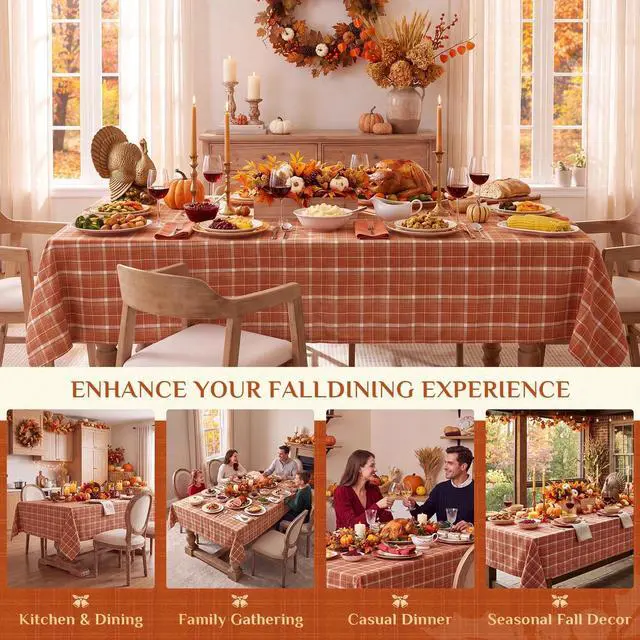 Alt view image 7 of 7 - Fall Checkered Tablecloth Rectangle, Orange, 54 x 80 Inch | Thanksgiving Linen Cotton Gingham Flannel Table Cloth, Autumn Farmhouse Plaid Table Cover for Dining Party Holiday Decor