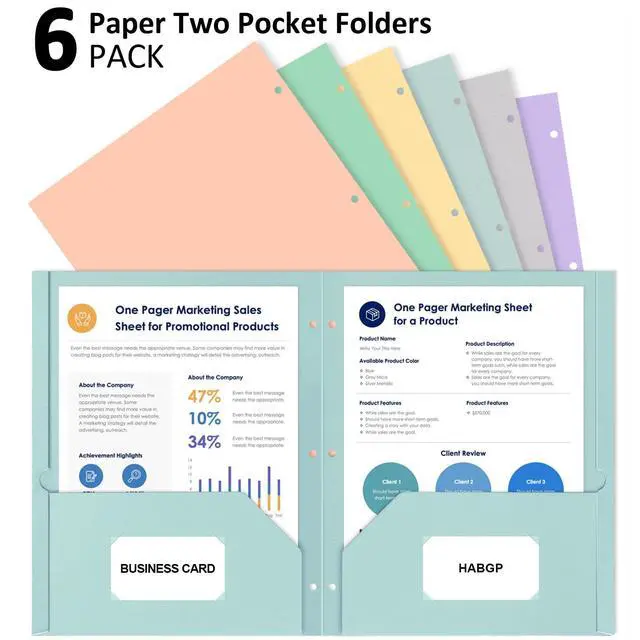Alt view image 3 of 7 - 3 Hole Punched Folders with Pockets, 6 Pack Pastel Folder for 3 Ring Binder | Two Pocket Folders,Thick Paper File Folders, 6 Assorted Color Binder Folder, for Documents Office School