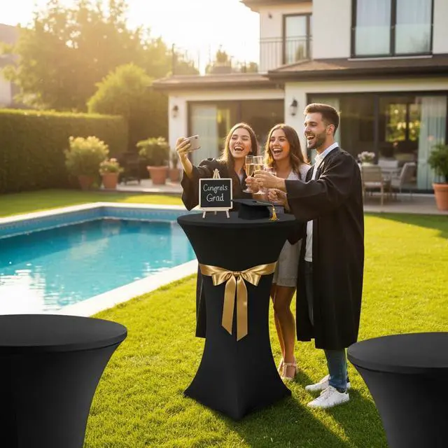 Alt view image 3 of 7 - Spandex Black Cocktail Table Covers for 30-32 Inch High Top Pub 2 Pack | Fitted Stretch Wrinkle Resisitant, Square Corners High Top Tablecloths, Round High Boy Table Cover For Outdoor Party,Bistro