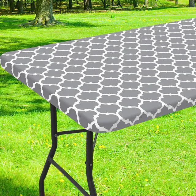 Main image of Picnic Fitted Table Cover, 6 Foot Flannel Backed Vinyl Tablecloth | Waterproof Elastic Stretch Table Cloth, Wipeable Plastic Tablecloth for Camping, Indoor & Outdoor (Grey, 30" x 72")