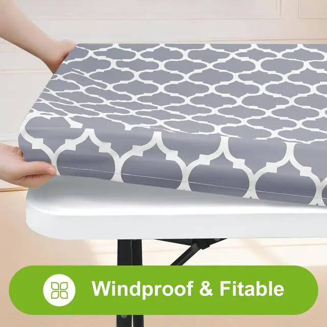 Alt view image 2 of 7 - Picnic Fitted Table Cover, 6 Foot Flannel Backed Vinyl Tablecloth | Waterproof Elastic Stretch Table Cloth, Wipeable Plastic Tablecloth for Camping, Indoor & Outdoor (Grey, 30" x 72")