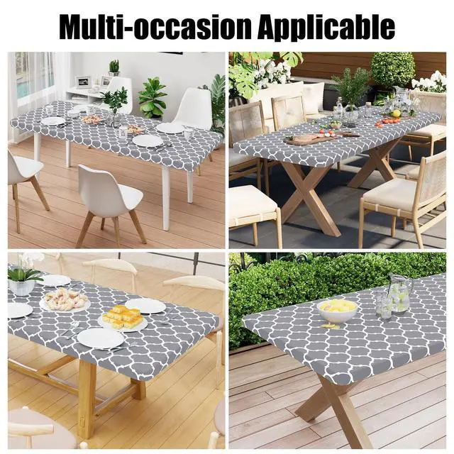 Alt view image 6 of 7 - Picnic Fitted Table Cover, 6 Foot Flannel Backed Vinyl Tablecloth | Waterproof Elastic Stretch Table Cloth, Wipeable Plastic Tablecloth for Camping, Indoor & Outdoor (Grey, 30" x 72")