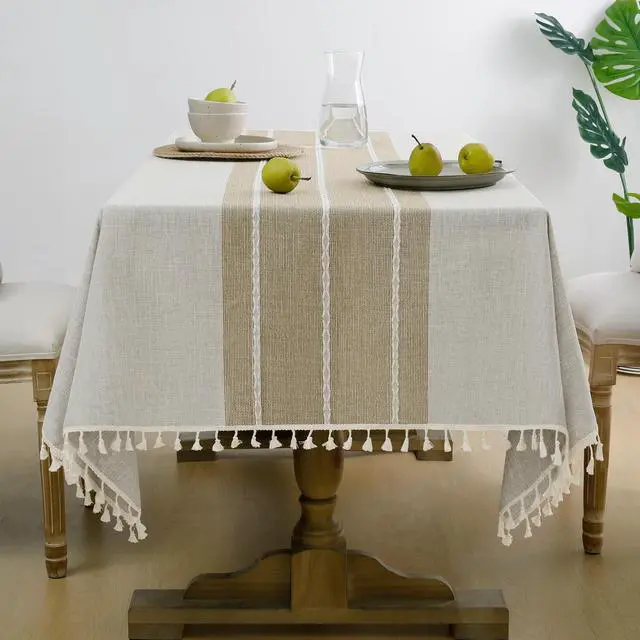 Main image of Outdoor Linen Tablecloth Rectangle, Waterproof Cotton Boho Farmhouse Table Cloths with Tassel, Heavy Weight Wrinkle Free Table Cover for Picnic Camping Dining - 55 x 70 Inch, Coffee Lines