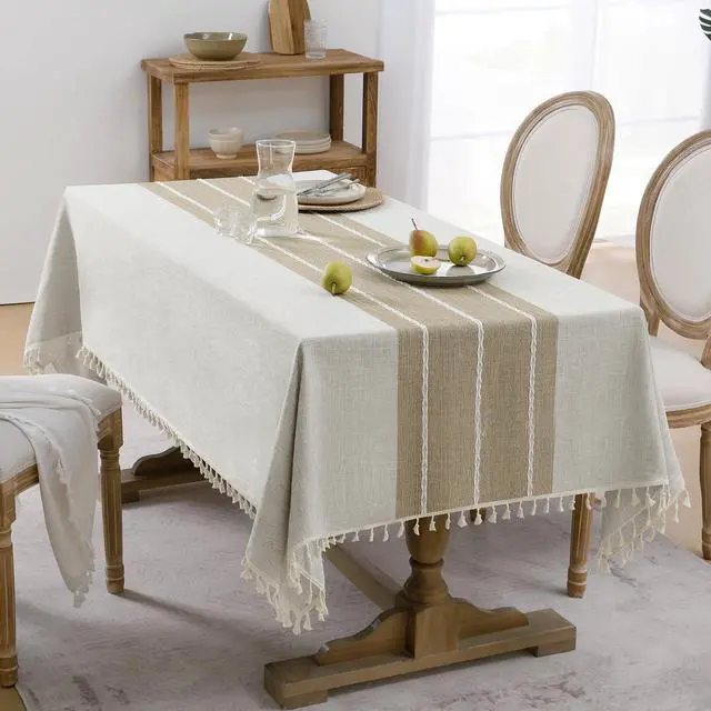 Alt view image 3 of 7 - Outdoor Linen Tablecloth Rectangle, Waterproof Cotton Boho Farmhouse Table Cloths with Tassel, Heavy Weight Wrinkle Free Table Cover for Picnic Camping Dining - 55 x 70 Inch, Coffee Lines