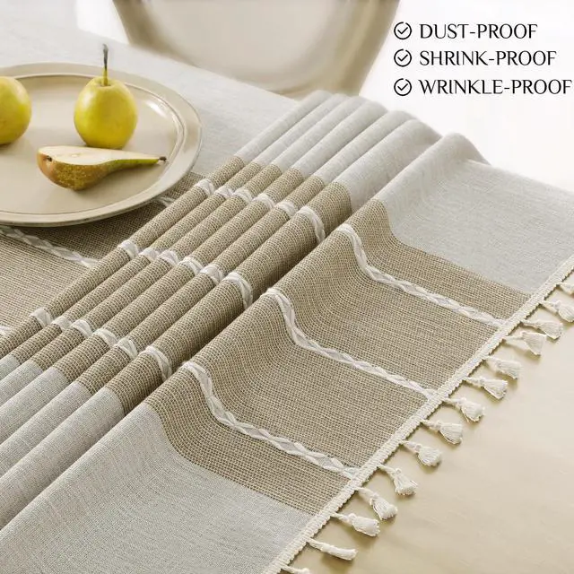 Alt view image 7 of 7 - Outdoor Linen Tablecloth Rectangle, Waterproof Cotton Boho Farmhouse Table Cloths with Tassel, Heavy Weight Wrinkle Free Table Cover for Picnic Camping Dining - 55 x 70 Inch, Coffee Lines