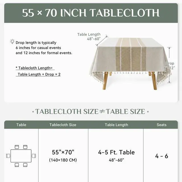 Alt view image 6 of 7 - Outdoor Linen Tablecloth Rectangle, Waterproof Cotton Boho Farmhouse Table Cloths with Tassel, Heavy Weight Wrinkle Free Table Cover for Picnic Camping Dining - 55 x 70 Inch, Coffee Lines