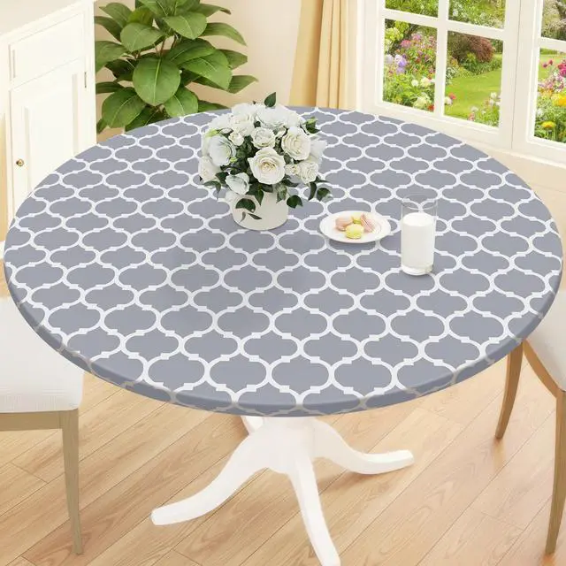 Main image of Round Picnic Tablecloth, Waterproof Elastic Fitted Table Covers for 45" - 56" Tables, Wipeable Flannel Backed Vinyl Tablecloths for Camping, Indoor, Outdoor, Grey & White