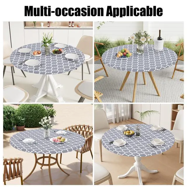 Alt view image 7 of 7 - Round Picnic Tablecloth, Waterproof Elastic Fitted Table Covers for 45" - 56" Tables, Wipeable Flannel Backed Vinyl Tablecloths for Camping, Indoor, Outdoor, Grey & White