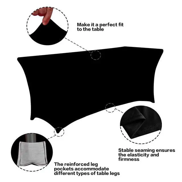 Alt view image 2 of 6 - 2 Pack 6FT Black Table Cloth for Rectangular Spandex Table Cover | Fitted Events Stretch Covers Washable Spandex Tablecloth Protector for Party, Wedding, Cocktail, Banquet, Festival