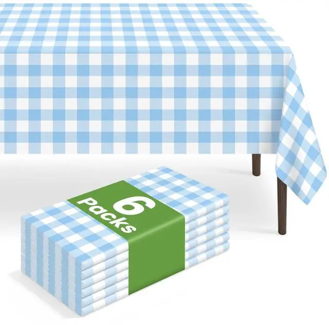 Main image of 6 Pack Blue and White Checkered Tablecloth, Blue Plastic Table Cloths for Parties Disposable, 54 x 108 inch Waterproof Blue Gingham Camping Tablecloth for Birthday, Party, Picnic
