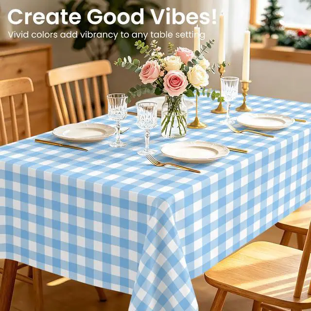 Alt view image 2 of 7 - 6 Pack Blue and White Checkered Tablecloth, Blue Plastic Table Cloths for Parties Disposable, 54 x 108 inch Waterproof Blue Gingham Camping Tablecloth for Birthday, Party, Picnic