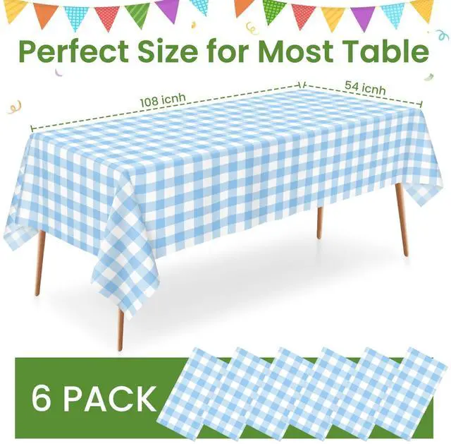 Alt view image 3 of 7 - 6 Pack Blue and White Checkered Tablecloth, Blue Plastic Table Cloths for Parties Disposable, 54 x 108 inch Waterproof Blue Gingham Camping Tablecloth for Birthday, Party, Picnic