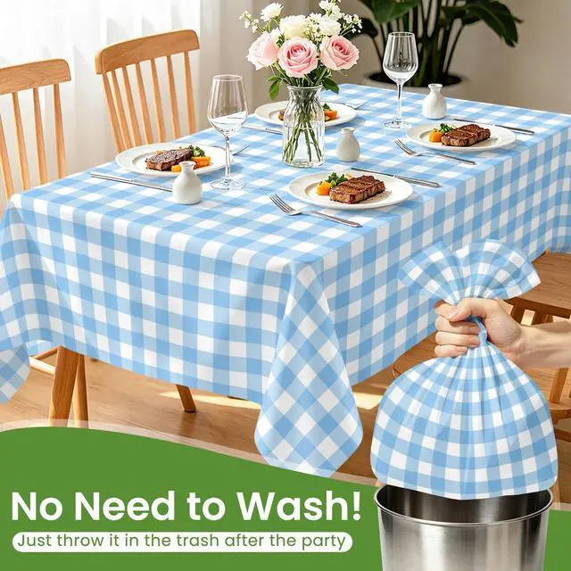 Alt view image 6 of 7 - 6 Pack Blue and White Checkered Tablecloth, Blue Plastic Table Cloths for Parties Disposable, 54 x 108 inch Waterproof Blue Gingham Camping Tablecloth for Birthday, Party, Picnic