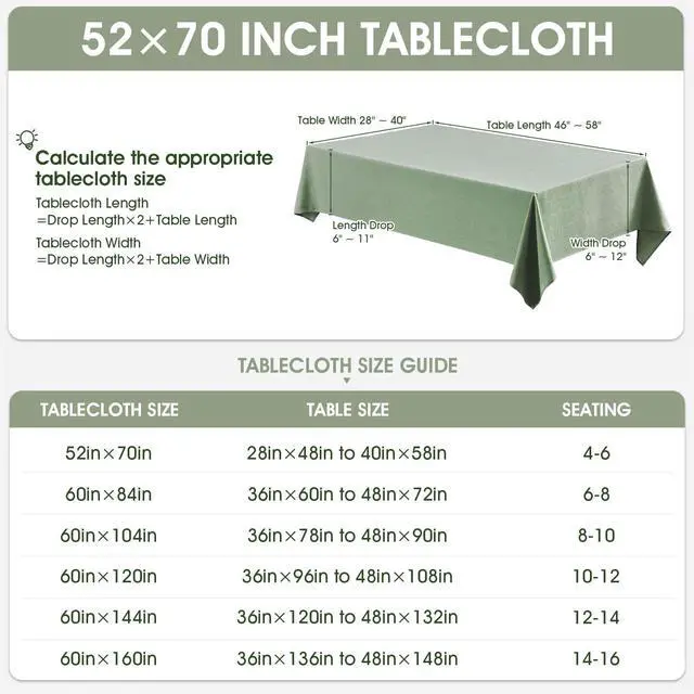 Alt view image 6 of 7 - Rectangle Tablecloth Waterproof Linen Textured Table Cloth Stain and Wrinkle Resistant Washable, Decorative Fabric Table Cover for Dining, Party and Camping (Sage Green, 52 * 70)
