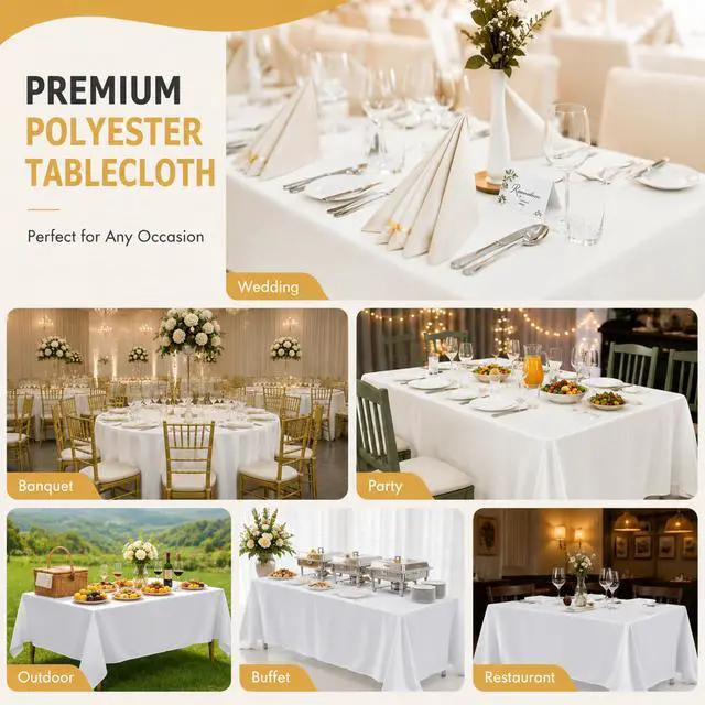 Alt view image 3 of 7 - 2-Pack 60x102 inch White Table Cloths, Solid Stain and Wrinkle Resistant Oblong Tablecloth, Premium Plain Weave Polyester Fabric Rectangle Table Linen Covers for Hotel, Wedding