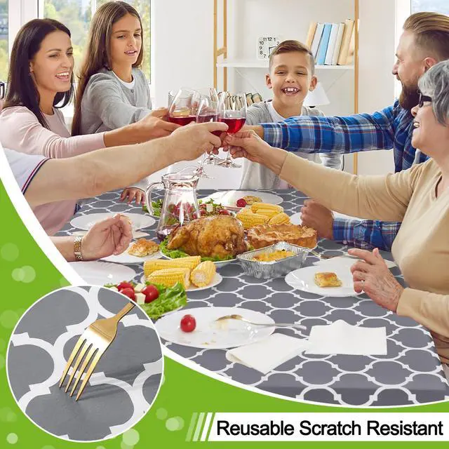 Alt view image 4 of 7 - Rectangle Table Cloth, Flannel Backed Vinyl Tablecloth, 60"x84" | Waterproof Plastic Tablecloths, Wipeable Table Cover for Dining, Indoor and Outdoor (Grey)