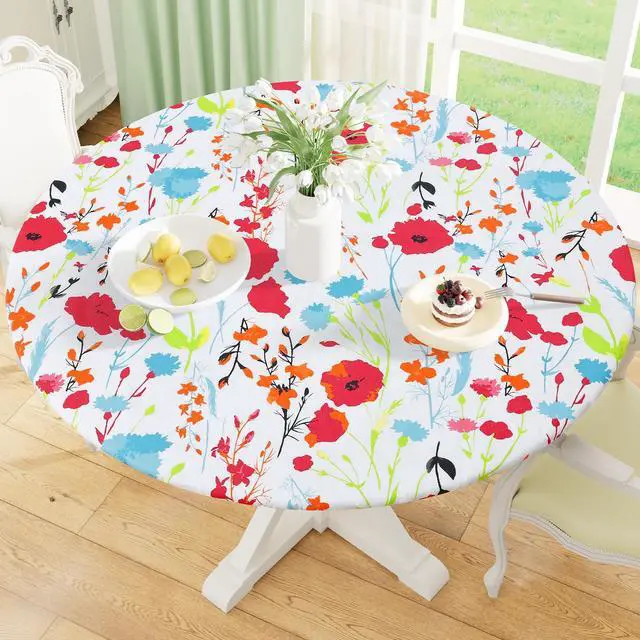 Main image of Round Fitted Tablecloth with Elastic Edge, 100% Waterproof Oil Proof Plastic Table Cover, Vinyl Flannel Backed Tablecloth Fits 36"-44" Round Tables for Dinner, Outdoor, Picnic, Flowers
