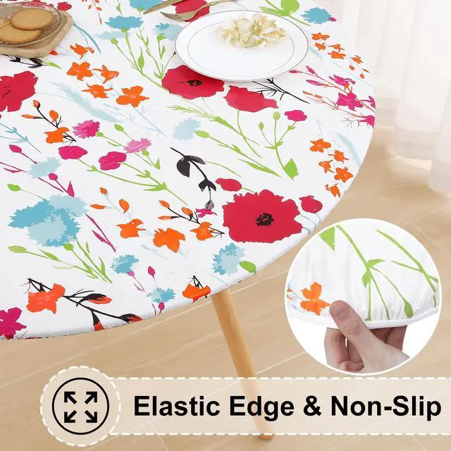 Alt view image 2 of 7 - Round Fitted Tablecloth with Elastic Edge, 100% Waterproof Oil Proof Plastic Table Cover, Vinyl Flannel Backed Tablecloth Fits 36"-44" Round Tables for Dinner, Outdoor, Picnic, Flowers