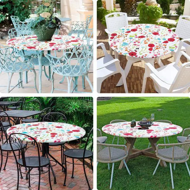 Alt view image 6 of 7 - Round Fitted Tablecloth with Elastic Edge, 100% Waterproof Oil Proof Plastic Table Cover, Vinyl Flannel Backed Tablecloth Fits 36"-44" Round Tables for Dinner, Outdoor, Picnic, Flowers