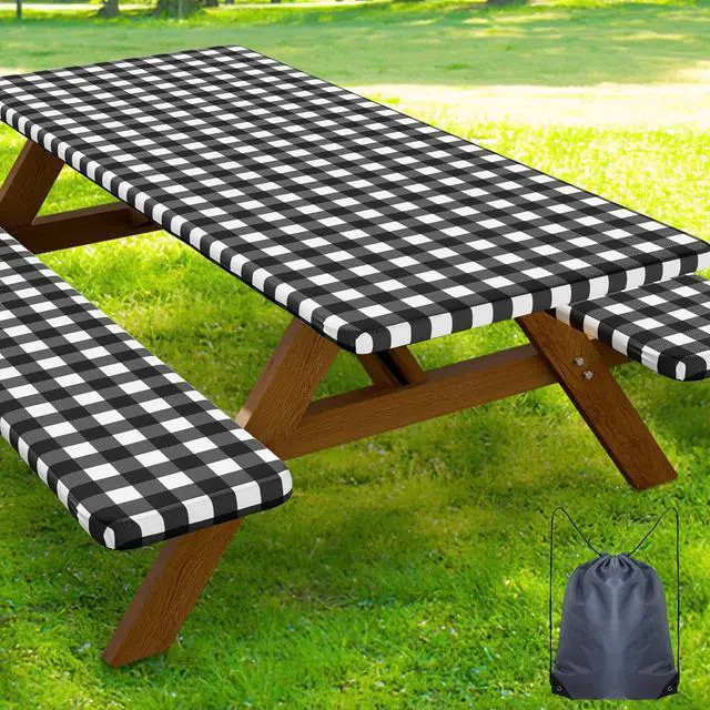 Main image of 6FT Picnic Table Cover with Bench Covers, Elastic Fitted Tablecloth | Waterproof Washable Rectangle Tablecloths ,Buffalo Plaid Tablecloth for Dining, Camping, Outdoor (Black & White, 30" x 72")