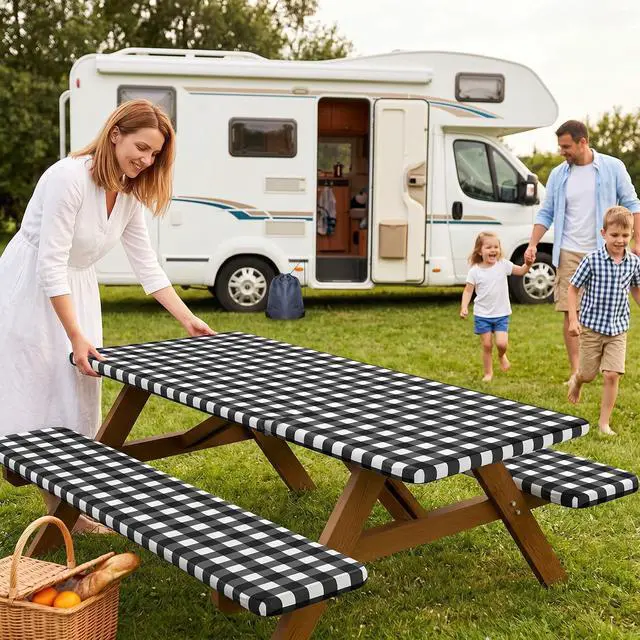 Alt view image 2 of 7 - 6FT Picnic Table Cover with Bench Covers, Elastic Fitted Tablecloth | Waterproof Washable Rectangle Tablecloths ,Buffalo Plaid Tablecloth for Dining, Camping, Outdoor (Black & White, 30" x 72")