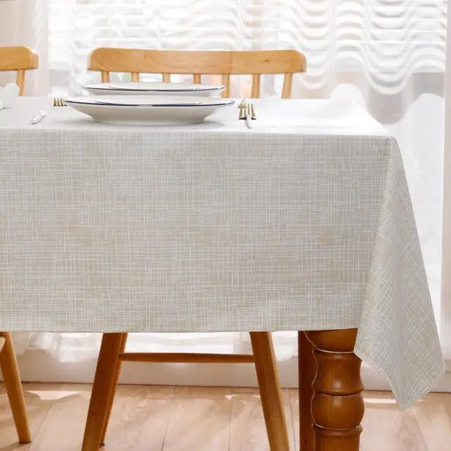 Alt view image 2 of 6 - Heavy Duty Vinyl Tablecloth with Flannel Backing Waterproof Oil-Proof Plastic Table Cloth Stain-Resistant Wipeable Rectangle or Square Table Cover for Indoor and Outdoor (Beige Striped,60x84 Inch)