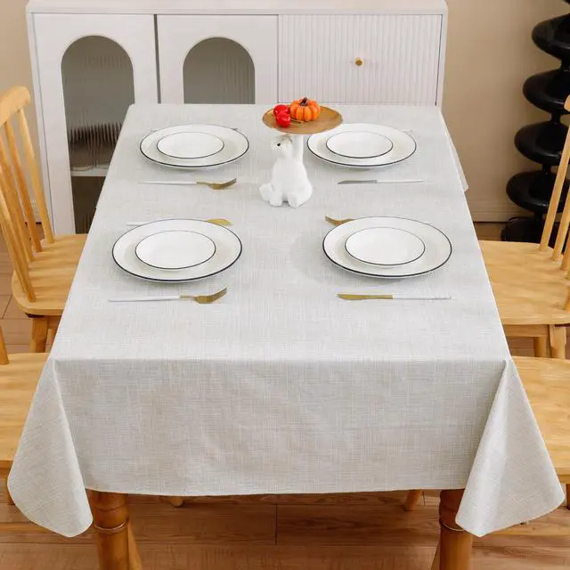 Alt view image 6 of 6 - Heavy Duty Vinyl Tablecloth with Flannel Backing Waterproof Oil-Proof Plastic Table Cloth Stain-Resistant Wipeable Rectangle or Square Table Cover for Indoor and Outdoor (Beige Striped,60x84 Inch)