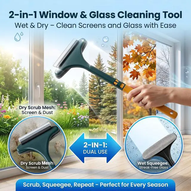 Alt view image 2 of 6 - Window Mesh Screen Cleaner Brush 2 in 1 Double Sided Cleaning Tool Kit Outdoor Squeegee Washer for Glass Scrubber Multifunctional Wet & Dry Long Limpiador De Ventanas De Vidrio Scraper