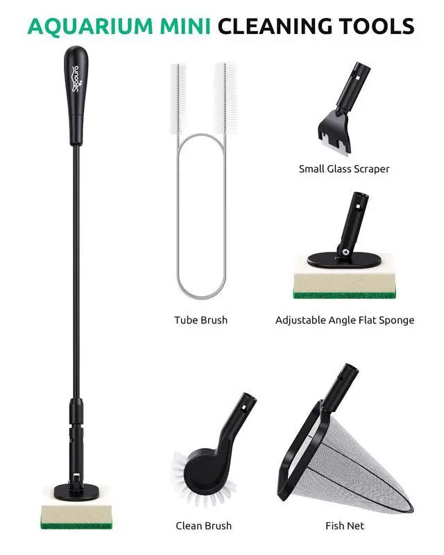 Alt view image 6 of 7 - Algae Scraper Small Fish Tank Cleaner for Glass Algae Scrubber Set | 5in1 Aquariums Cleaning kit with Seaweed Scraper, Flat Sponge, Fish Net, Clean Brush, Tube Brush for Freshwater turtle Tanks