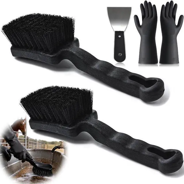 Main image of 2 Pack Horse Bucket Brush Water Trough Scrub Brush, Stiff Bristle | Heavy-Duty Non-Slip Handle, Includes Cleaning Scraper and Gloves for Livestock Farms, Feed Troughs, Barns and Outdoor Use