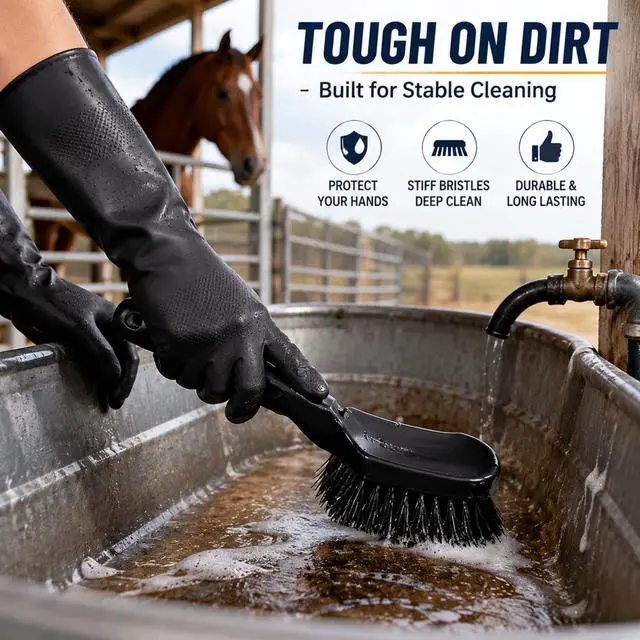Alt view image 5 of 7 - 2 Pack Horse Bucket Brush Water Trough Scrub Brush, Stiff Bristle | Heavy-Duty Non-Slip Handle, Includes Cleaning Scraper and Gloves for Livestock Farms, Feed Troughs, Barns and Outdoor Use