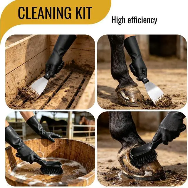 Alt view image 6 of 7 - 2 Pack Horse Bucket Brush Water Trough Scrub Brush, Stiff Bristle | Heavy-Duty Non-Slip Handle, Includes Cleaning Scraper and Gloves for Livestock Farms, Feed Troughs, Barns and Outdoor Use