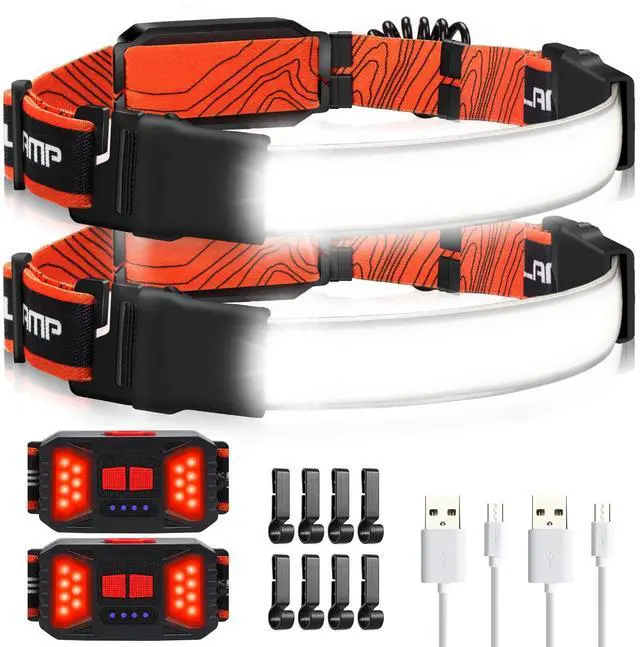Main image of Rechargeable LED Headlamp 2 Pack, 1000LM 230° Wide Beam Head Lamp | Red rear light, USB-C charge, 410 hr runtime, water-resistant, power display, 8 hard hat clips for running, camping and work