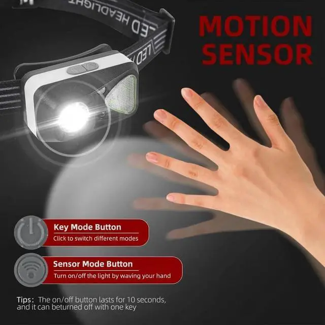 Alt view image 3 of 6 - 6 Pack Rechargeable Headlamp Flashlight, LED Head Lamp with White Red Light, Super Bright USB-C Headlight Motion Sensor Head Lamp for Adults 11 Mode Outdoor Camping Running Hiking Fishing